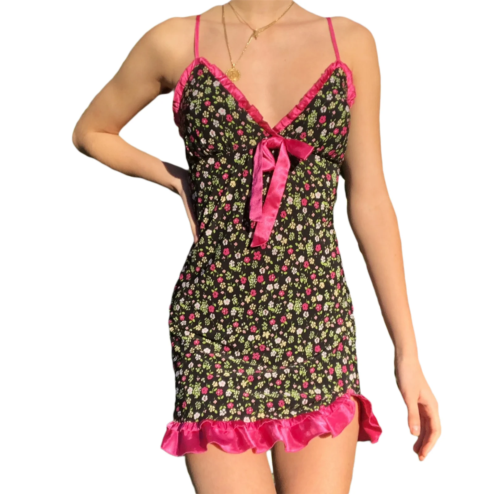 Women Spaghetti Strap Dress Elegant Ruffled Trim Floral Print V-neck Sleeveless Backless Casual Dress with Bow
Women Spaghetti Strap Dress Elegant Ruffled Trim Floral Print V-neck Sleeveless Backless Casual Dress with Bow