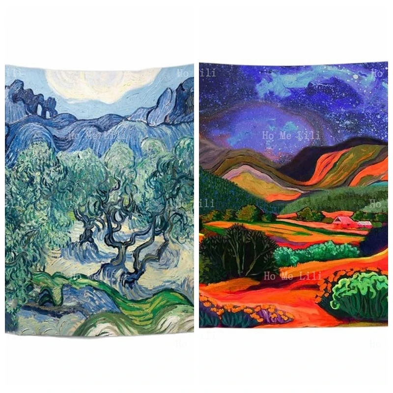 

Olive Trees In Mountain Colorful Village Landscape Van Gogh Oil Painting Art Tapestry Wall Hanging Home Decor