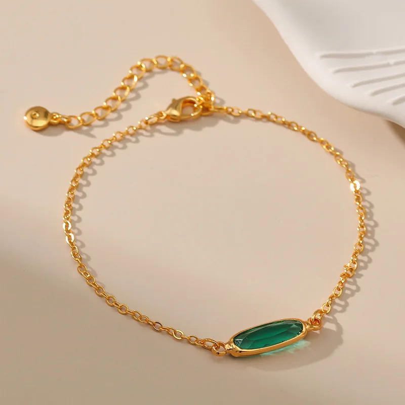 

Simple Long Ellipse Green Glass Crystal Pendant Bracelet for Female Minimalism 18k Gold Plated Thin Link Chain Women Bracelet