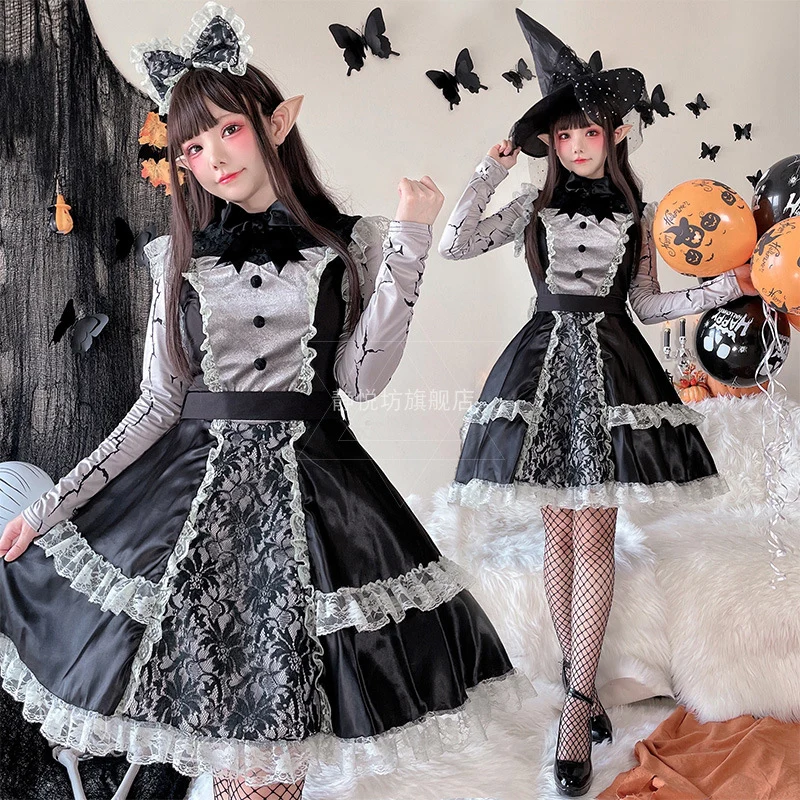 

Кружевное платье темная кошка девушка Горничная Косплей Лолита Хэллоуин костюм для женщин темная Красота Девушка ведьма дьявол аниме Disfraz Vestidos