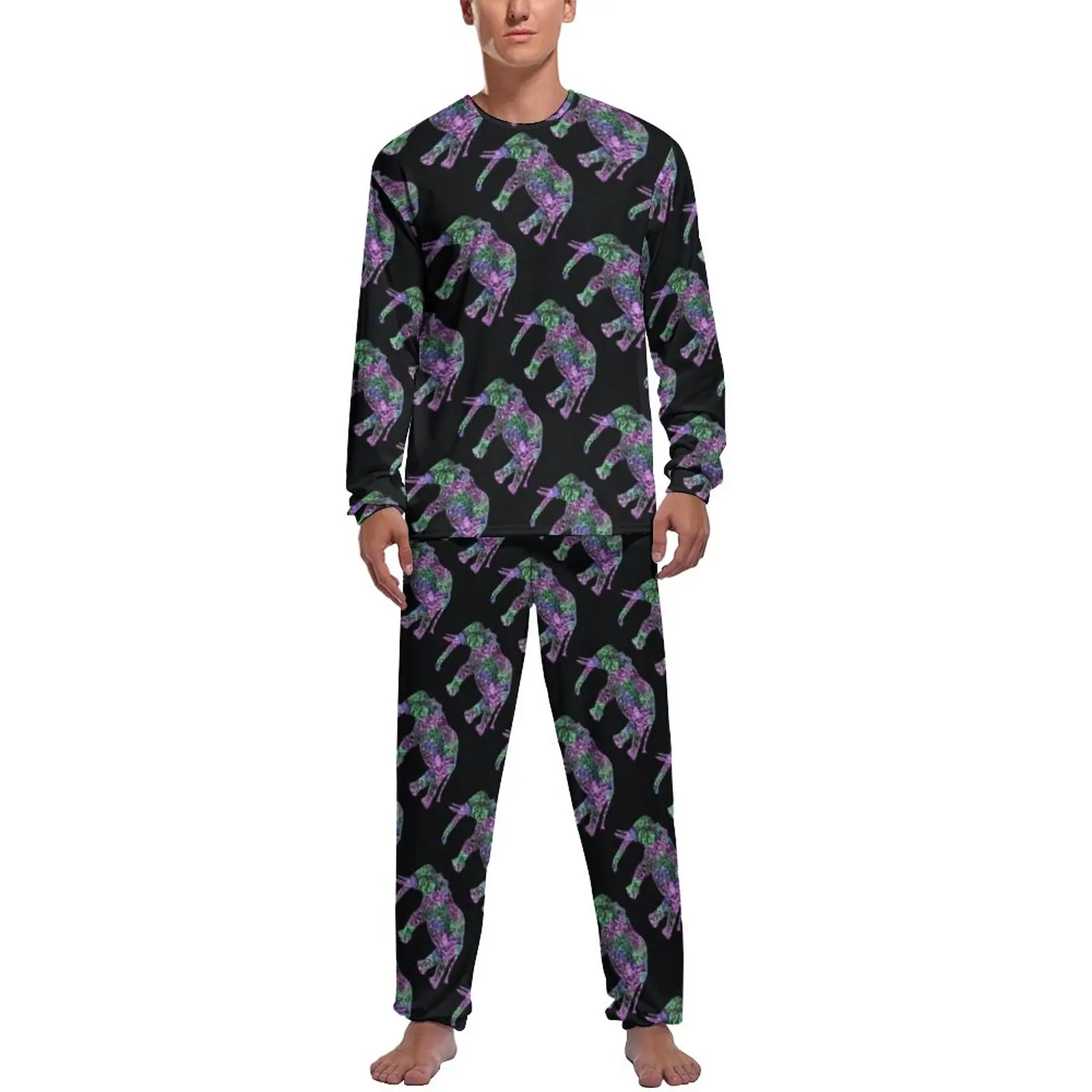 

Neon Elephant Pajamas Long Sleeve Colorful Tribal Print 2 Piece Sleep Pajama Sets Autumn Men Printed Fashion Nightwear