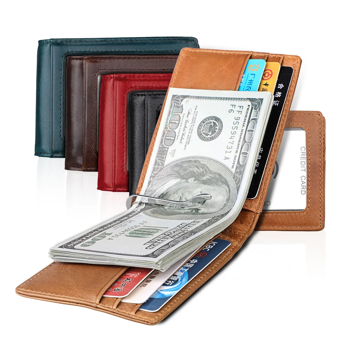 

Тонкий кожаный кошелек для мужчин и женщин, деловой бумажник с кредитными кармашками и металлическим зажимом, унисекс