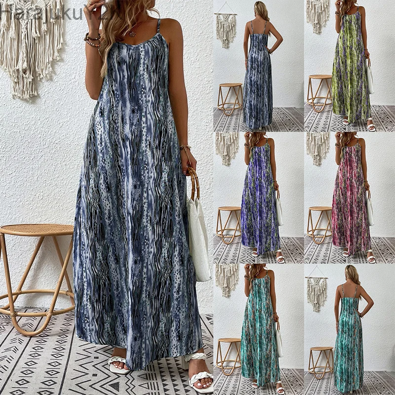 

New Summer Befree Beach Long Vintage Striped Casual Ruffles Elegant Maxi Strap Camis Silky 5XL Dress Vestidos Sexy Women