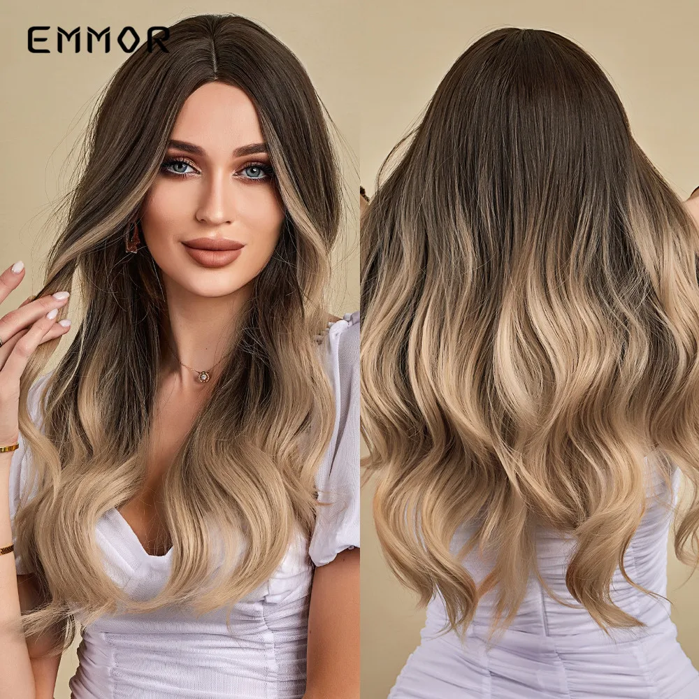 

Emmor Synthetic Long Chestnut Wigs Natural Brown to Blonde Wavy Wave Hair Wig for Women High Temperature Layered Daily Ombre Wig