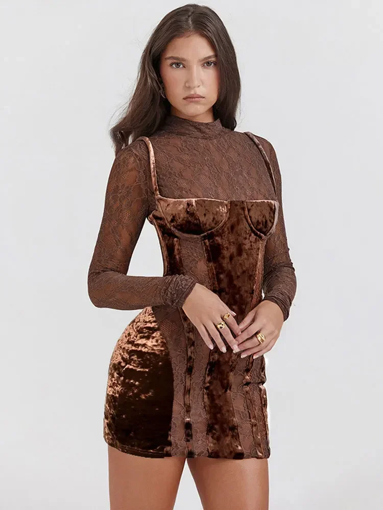 Sexy Lace Velvet Patchwork Mini Dress Women Elegant Stand Collar Long Sleeve Bodycon Dress 2023 Lady Chic See Through Party Robe 
Sexy Lace Velvet Patchwork Mini Dress Women Elegant Stand Collar Long Sleeve Bodycon Dress 2023 Lady Chic See Through Party Robe