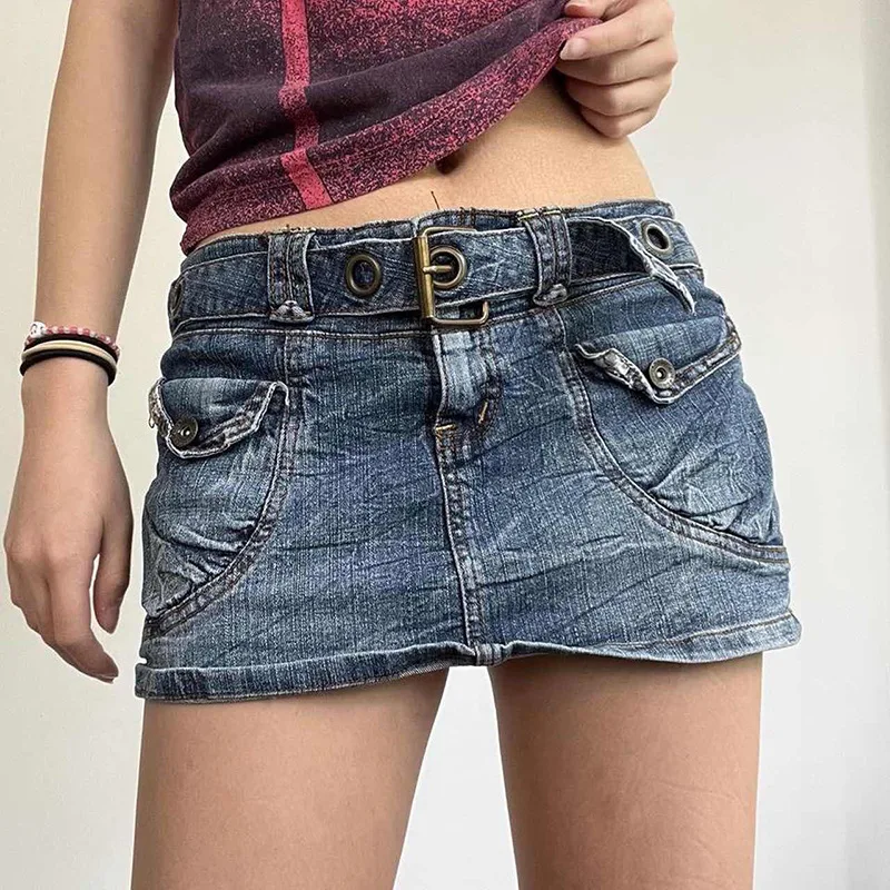 Sweetown Blue Low Waist Casual Belt Denim Skirt Chic Fashion Hot Summer Micro Skirts Womens Korean Mini Skirt Holiday Clothing
Sweetown Blue Low Waist Casual Belt Denim Skirt Chic Fashion Hot Summer Micro Skirts Womens Korean Mini Skirt Holiday Clothing