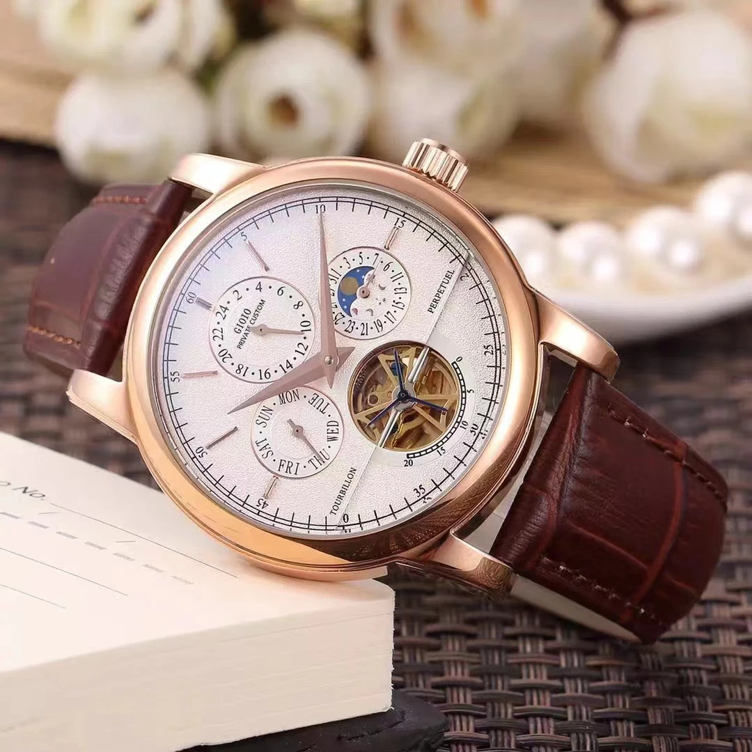 42mm High Quality Mens Automatic Watch Mechanical Sapphire Moon Phase Diamonds Bezel Rose Gold Black Blue Leather Tourbillion
42mm High Quality Mens Automatic Watch Mechanical Sapphire Moon Phase Diamonds Bezel Rose Gold Black Blue Leather Tourbillion