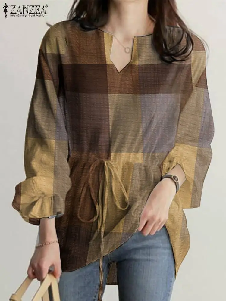 

Богемная женская блузка ZANZEA с V-образным вырезом и длинным рукавом, осенняя клетчатая блузка в клетку, праздничные женские блузы, винтажные туники, топы, рубашка