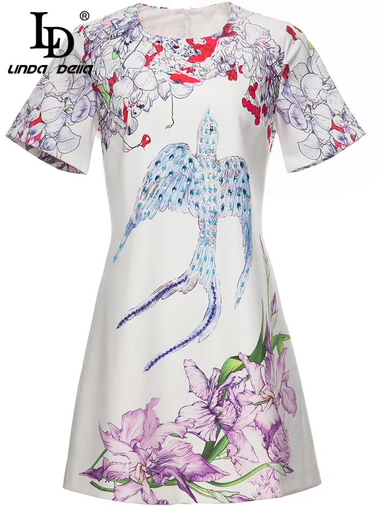 

LD LINDA DELLA Fashion Designer Summer Short Dress Women's O-neck Luxurious Crystal Beads Flower Printed Loose Mini Dresses