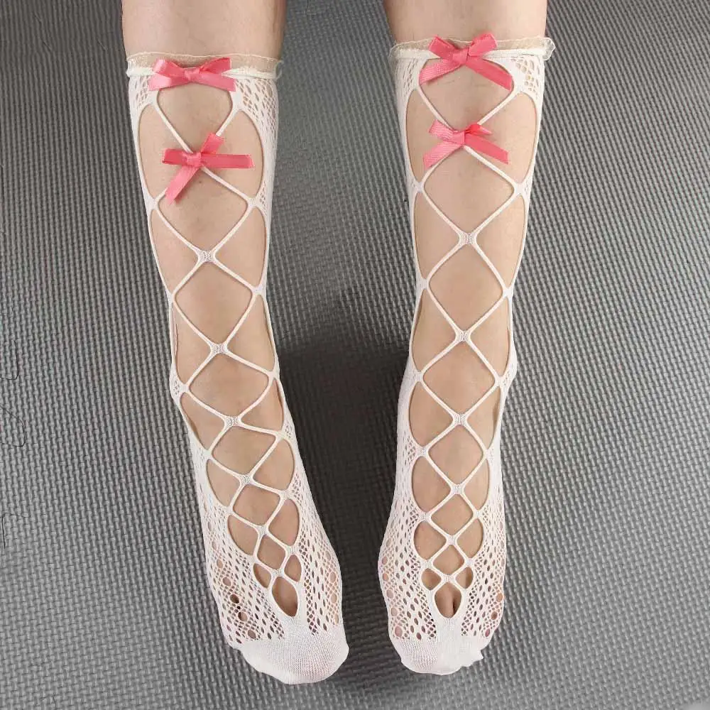 

Kawaii Unique Flocking Bowknot Girls Hollow Lolita Anime Hosiery Calf Socks Fishnet Stockings Knee Socks