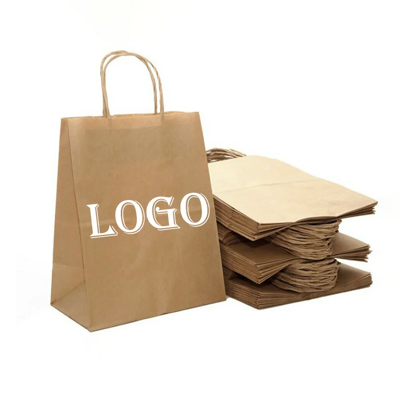 

Custom Packaging Size Strong Carry Packing Food Takeaway Bags Retail Handles Print Small Shopping Custom Your Own Logo Kraft Pa