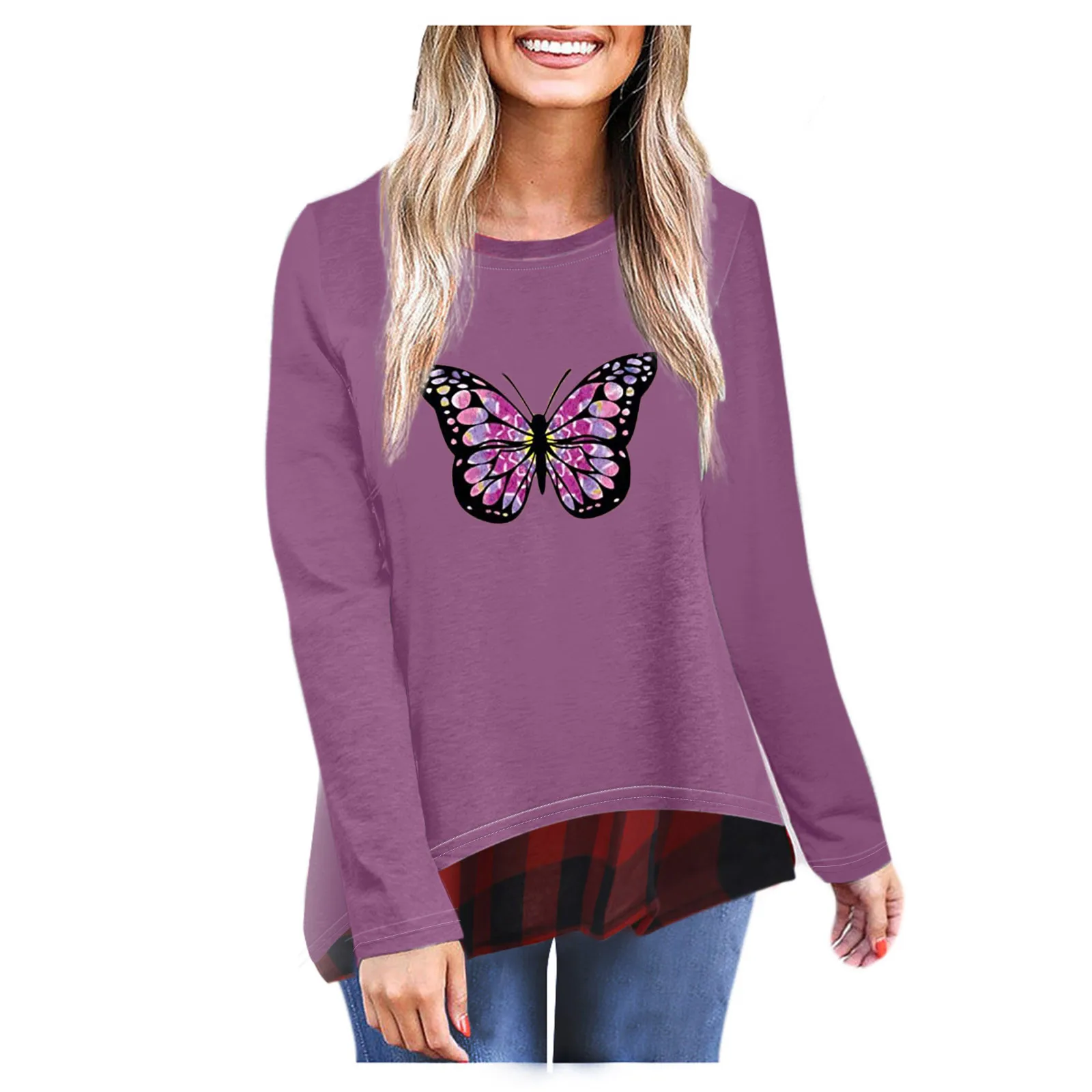 Women's Solid Color Fashion Purple Butterfly Print Plaid Hem Long Sleeve Top Spring Top Long Sleeve 3 Long Sleeve Shirt Women
Women's Solid Color Fashion Purple Butterfly Print Plaid Hem Long Sleeve Top Spring Top Long Sleeve 3 Long Sleeve Shirt Women