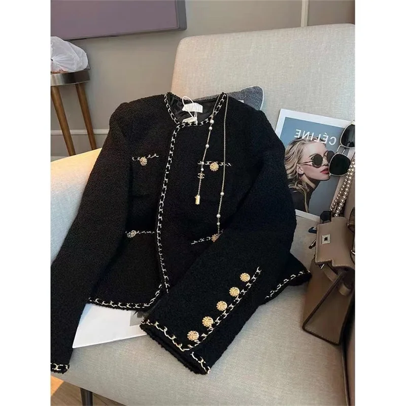 New Autumn Black Weave Blazer Vintag Golden Buttons Elegant Coats Round Neck Fleece Jacket Causal Long Sleeve Short Coat G189
New Autumn Black Weave Blazer Vintag Golden Buttons Elegant Coats Round Neck Fleece Jacket Causal Long Sleeve Short Coat G189