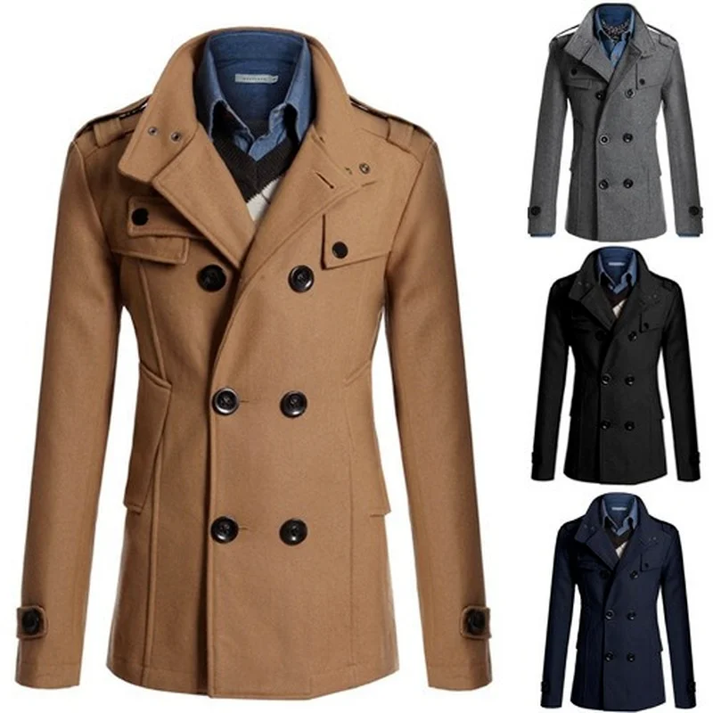 

Мужское двубортное хлопковое пальто, однотонное повседневное деловое модное облегающее пальто из смеси шерсти, куртка, одежда для мужчин, зима 2023