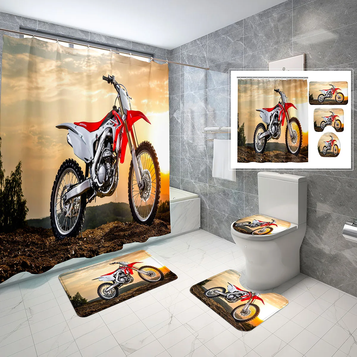 Shower Curtain Off-road Motorcyclist 4 Pcs Shower Curtain Bathroom Non-Slip Bath Mat Toilet Cover Shower Curtain Bathroom Decor
Shower Curtain Off-road Motorcyclist 4 Pcs Shower Curtain Bathroom Non-Slip Bath Mat Toilet Cover Shower Curtain Bathroom Decor