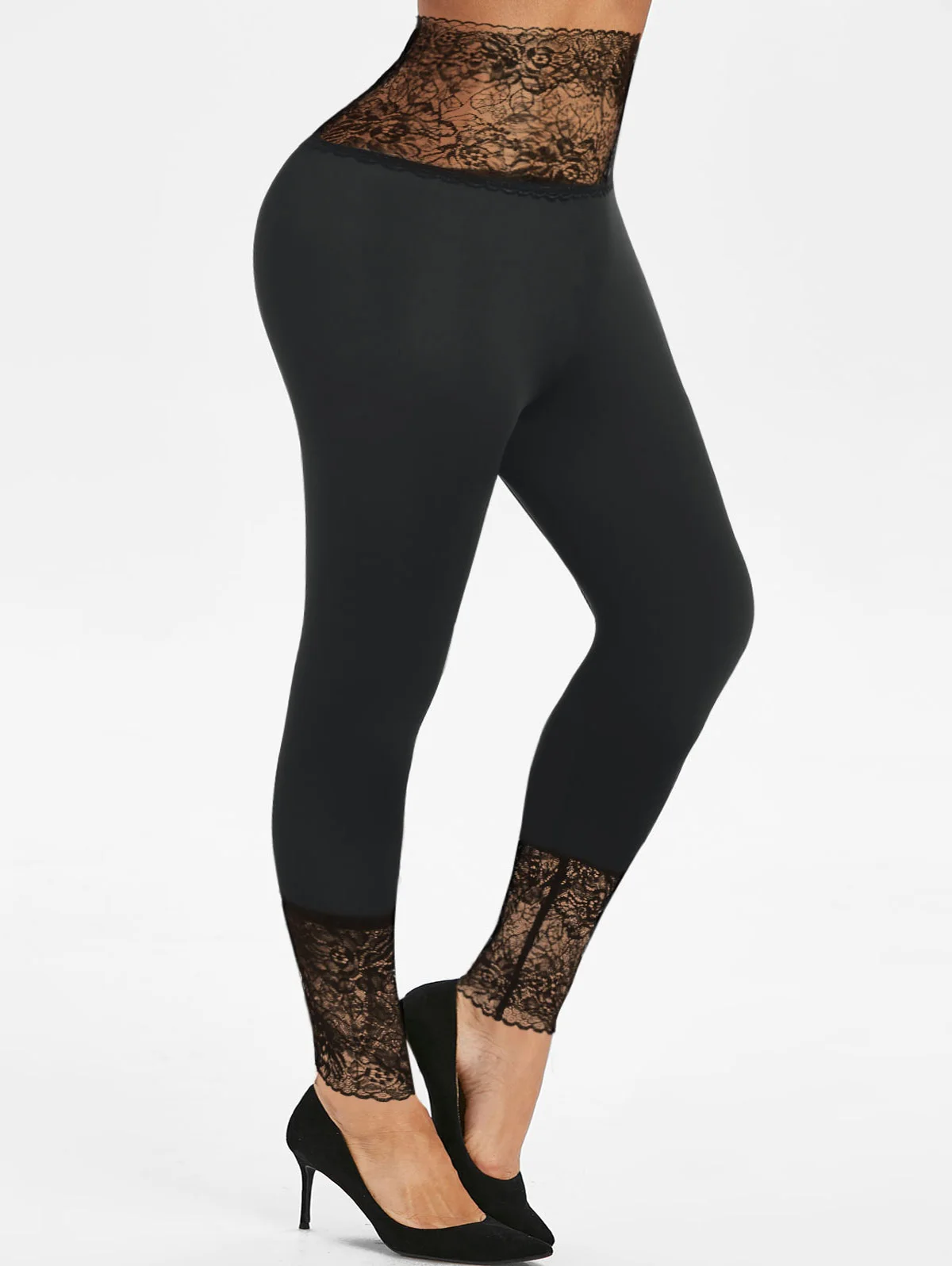 

L-5XL Plus Size Leggings Solid Black Color See Thru Lace Panel Scalloped High Waisted Skinny Long Pants