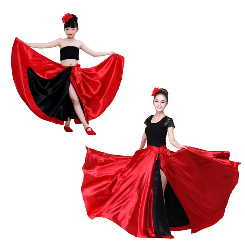 Красно-черная атласная однотонная испанская юбка фламенко женские танцевальные