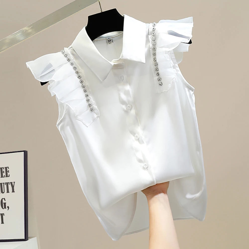 Summer Elegant Light Thin Diamond Ruffles Satin Women's Shirts Fashion Casual Patchwork Polo-Collar Sleeveless Ladies Blouses
Summer Elegant Light Thin Diamond Ruffles Satin Women's Shirts Fashion Casual Patchwork Polo-Collar Sleeveless Ladies Blouses