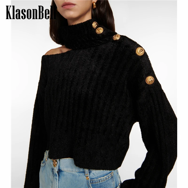 

1.3 KlasonBell Fashion Hollow Out Golded Button Loose Short Knitted Pullover Sweater Women A Variety Of Wearing Methods