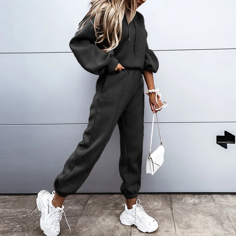 Однотонный мягкий и удобный тренировочный костюм с капюшоном на резинке для женщин 
Однотонный мягкий и удобный тренировочный костюм с капюшоном на резинке для женщин