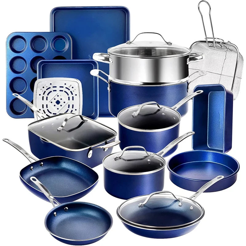 

Набор из 20 кастрюль и сковородок BOUSSAC из гранита синего цвета, антипригарная кухонная утварь и жаростойкая посуда