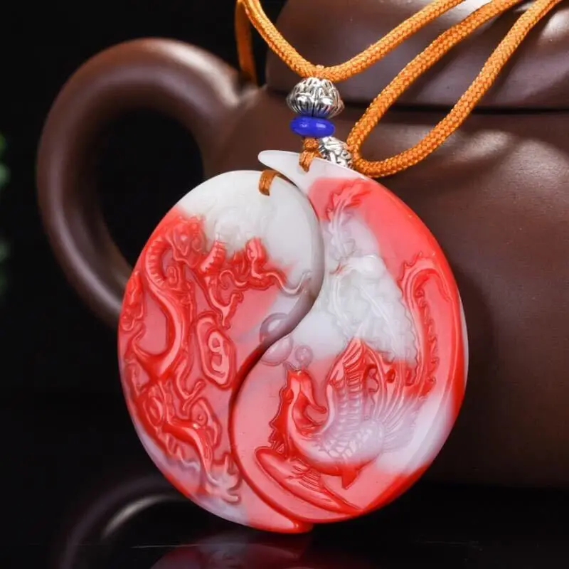 

Natural Colorful Jade Hand-carved Chicken Blood Color Dragon and Phoenix Pendant Fashion Boutique Jewelry Couple Necklace Gift