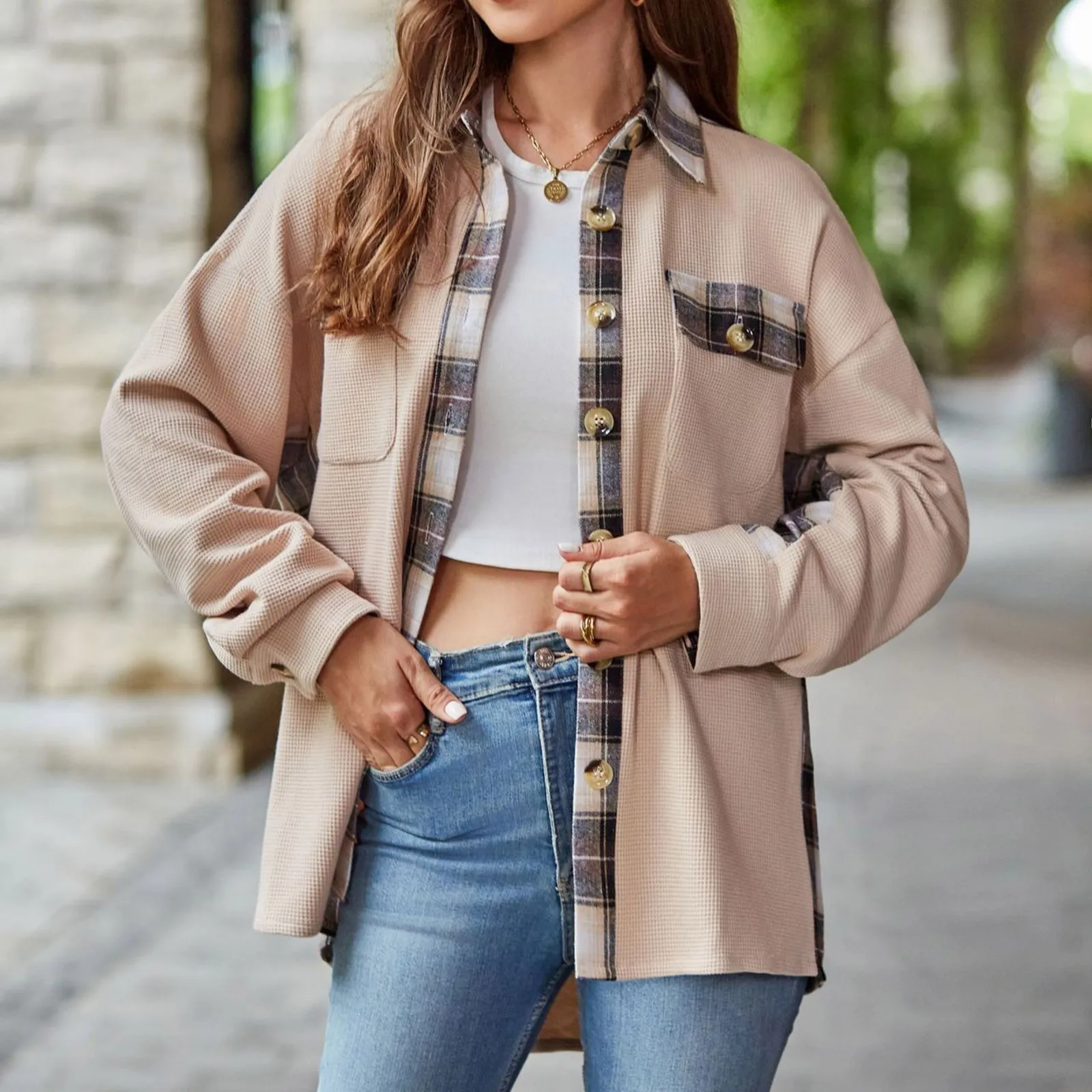 Shirt Jacket Womens Boyfriend Fashion Casual Patchwork Waffle Knit Plaid Button Cardigan Shirt Daily Casual Women Top Chic Baggy
Shirt Jacket Womens Boyfriend Fashion Casual Patchwork Waffle Knit Plaid Button Cardigan Shirt Daily Casual Women Top Chic Baggy
