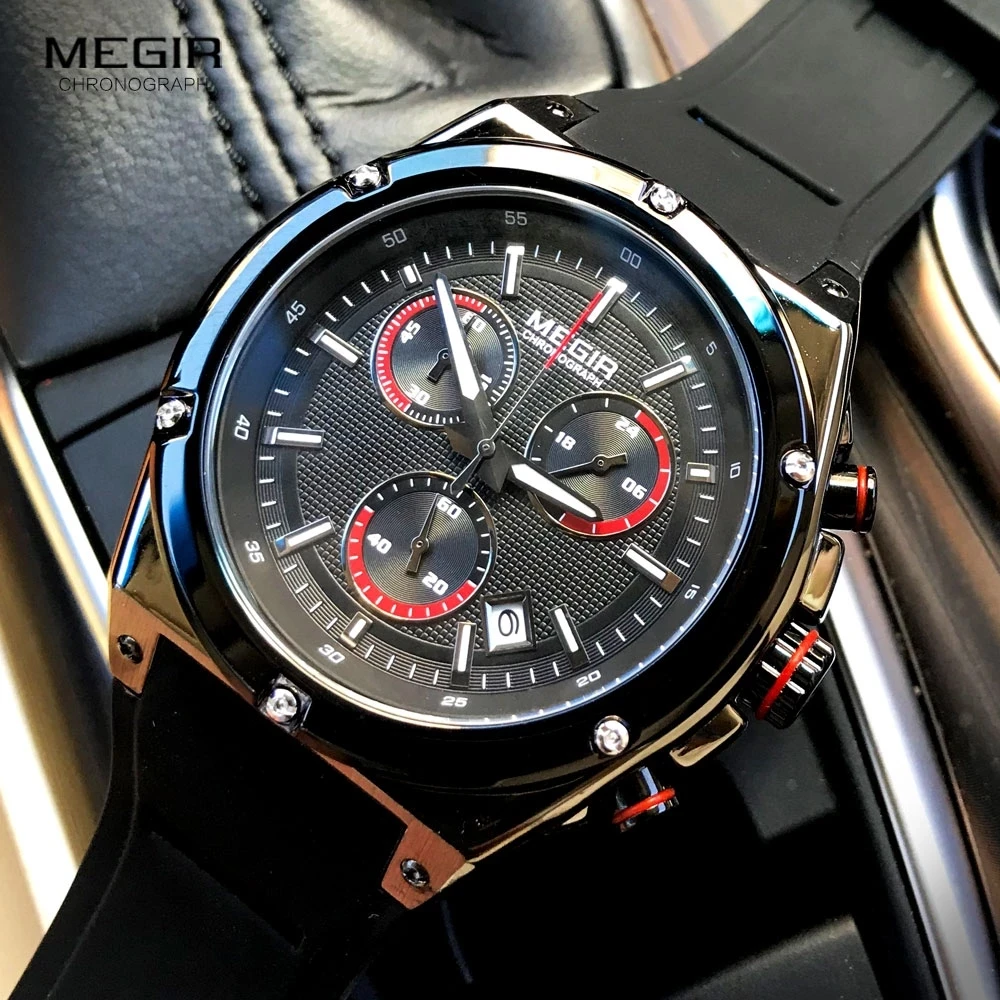 

Megir Men Black Silicone Sports Quartz Wrist Watches Luminous Relojios Relojes Waterproof Chronograph Clock Montres Q2073G-BK-1