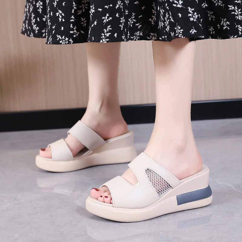 

Shoes Woman 2022 Slippers Summer Low On A Wedge Platform Peep Toe Heeled Mules Pantofle High New Slides Rome Fabric Rubber Basic