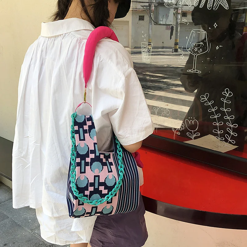 

Fashion Women Knitting Checkered Tote Shoulder Bags Retro Weave Plaid Handbags Female Shopping Wrist Bag Girls Cute School Bag