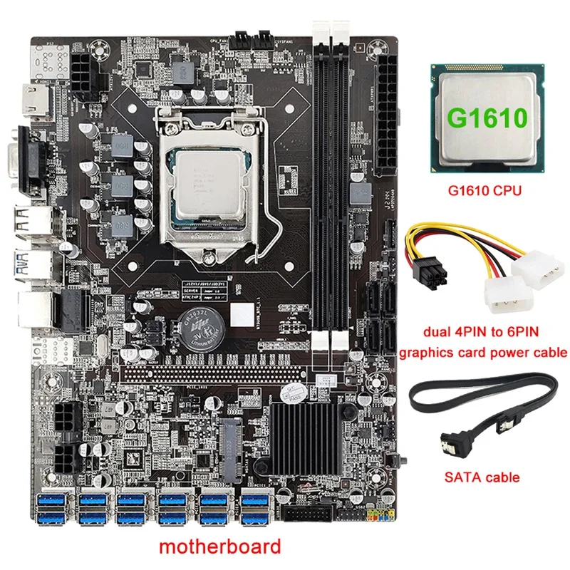 B75 12 Card Mining Motherboard+G1610 CPU+4PIN To 6PIN Power Cable+SATA Cable 12USB3.0 (PCIE) LGA1155 DDR3 RAM SATA3.0
B75 12 Card Mining Motherboard+G1610 CPU+4PIN To 6PIN Power Cable+SATA Cable 12USB3.0 (PCIE) LGA1155 DDR3 RAM SATA3.0