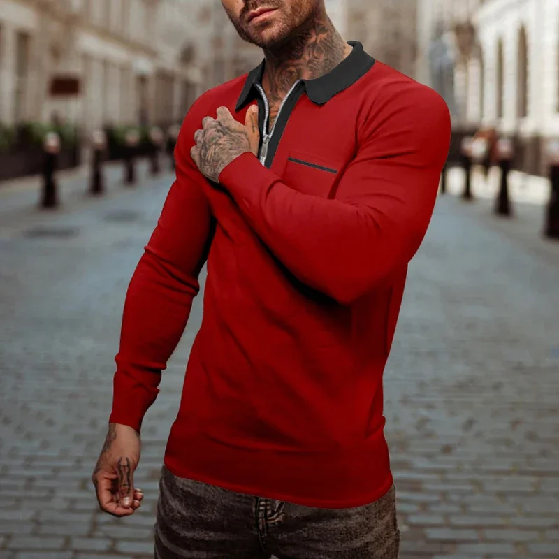 

2023 autumn men's long-sleeved polo shirt with collar, slim fit, pocket T-shirt, zipper collar, color splicing.