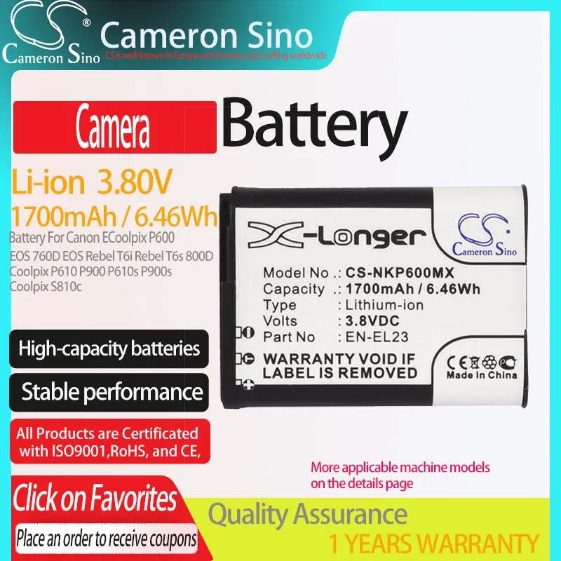

CS Camera Battery for Nikon Coolpix P600 P610 P900 P610s P900s S810c Fits Nikon EN-EL23 1700mAh / 6.46Wh 3.80V