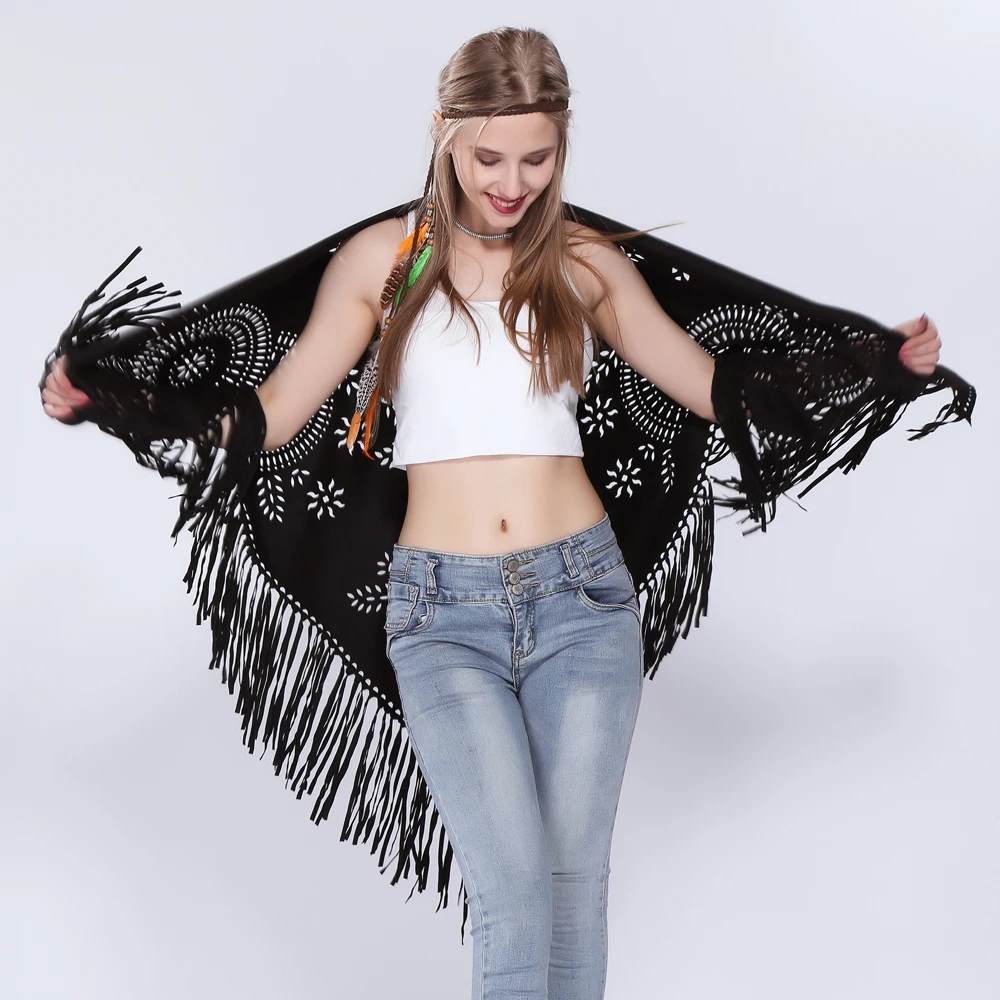 

Women's Loose Suede Fringe Open Poncho Cloak Shawl Wrap with Punch Hole Patterns and Graceful Fringes Dropshipping