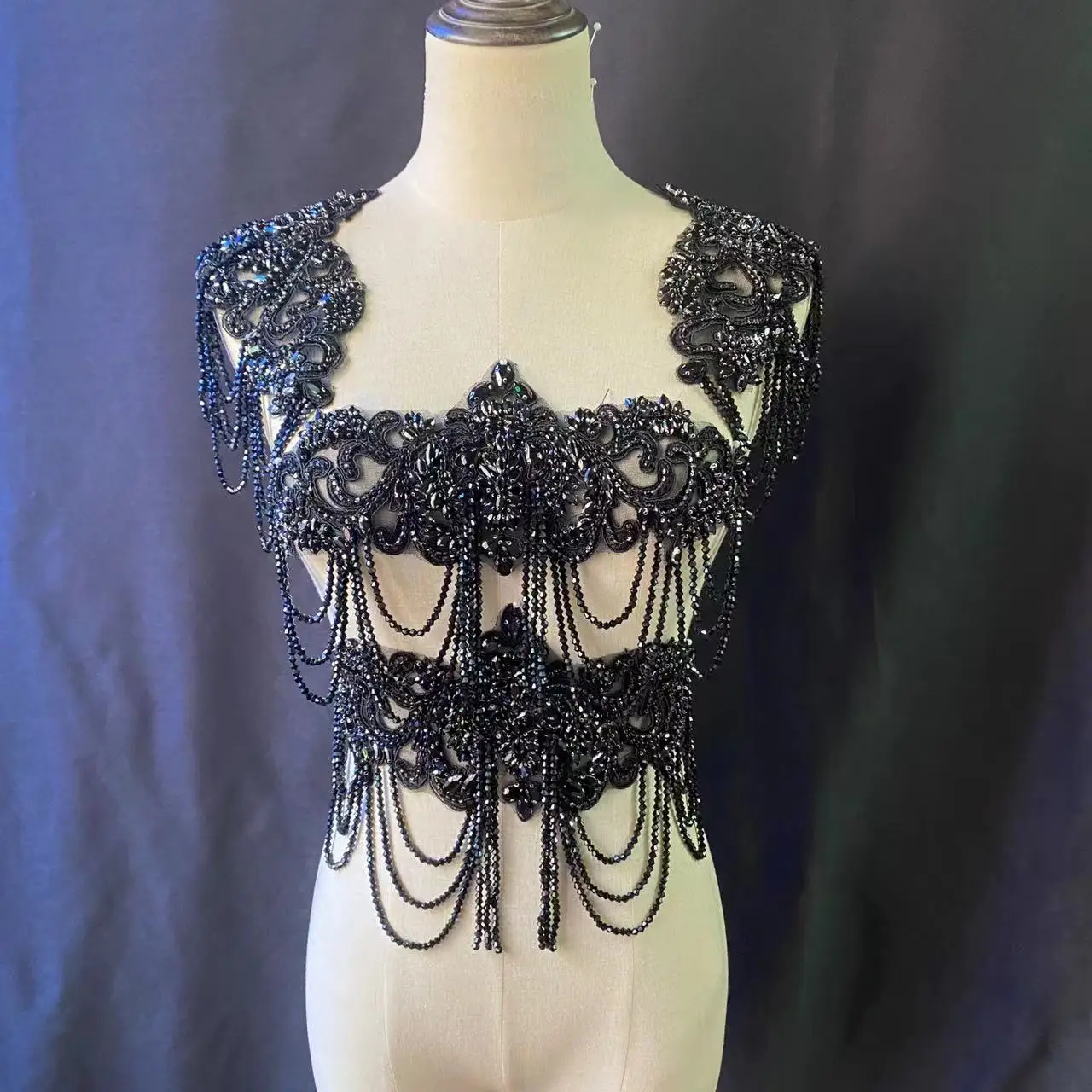 

Black Tassel Handcrafted Rhinestone Applique Fringe Bodice Patch for DIY Clothing,Shoulder Chains,Bridal Neckline Sash