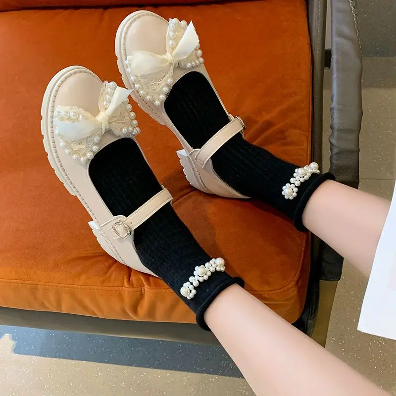 

Thick Heel Mary Jane Small Leather Shoes Female Student Han Banqiu 2023 New Mid Heel JK Shoes Versatile Bow Single Shoes Lolita