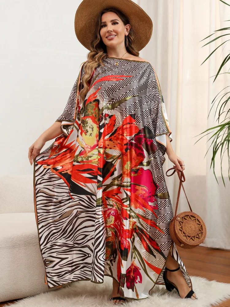 Multicolored Boho Printed Long Moroccan Kaftan Casual Loose Satin Dress Summer Clothes Women Beach Wear Swim Suit Cover Up
Multicolored Boho Printed Long Moroccan Kaftan Casual Loose Satin Dress Summer Clothes Women Beach Wear Swim Suit Cover Up
