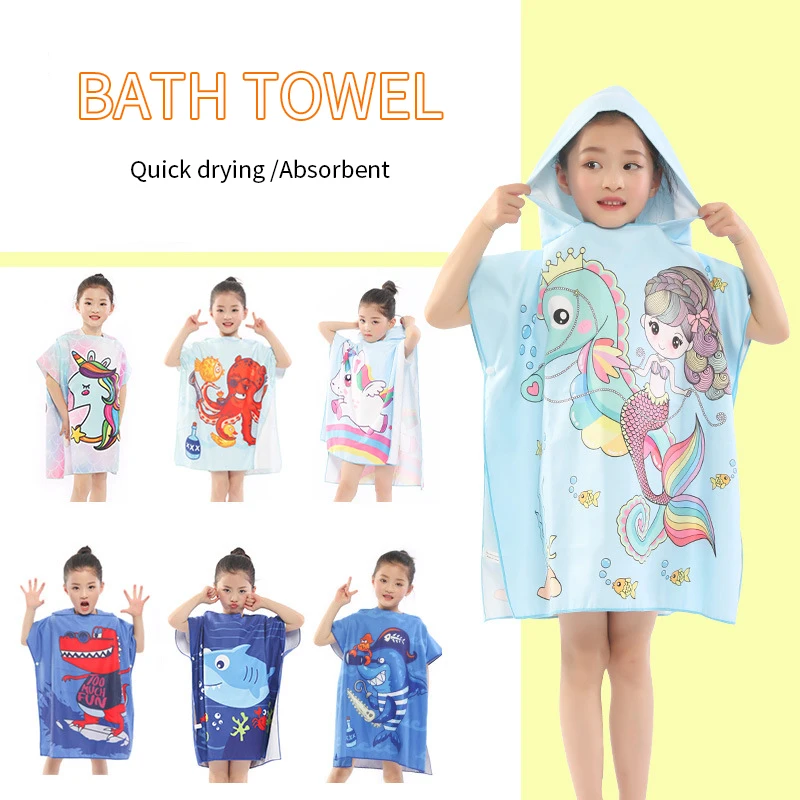 

Мультяшное детское банное полотенце, накидка с капюшоном из микрофибры, пляжное полотенце для младенцев, супервпитывающее пончо для плаван...