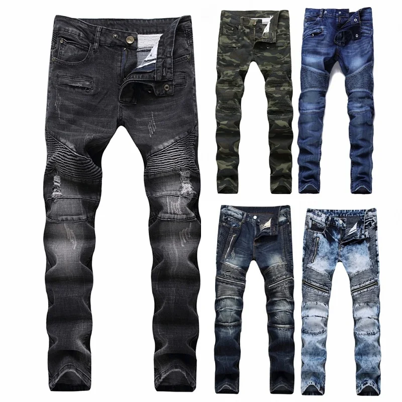 

2021 Fashion Hip Hop Patch Men Retro Jeans Knee Rap Hole Zipped Biker Jeans Men Loose Slim Destroyed Torn Ripped Denim Man Jeans