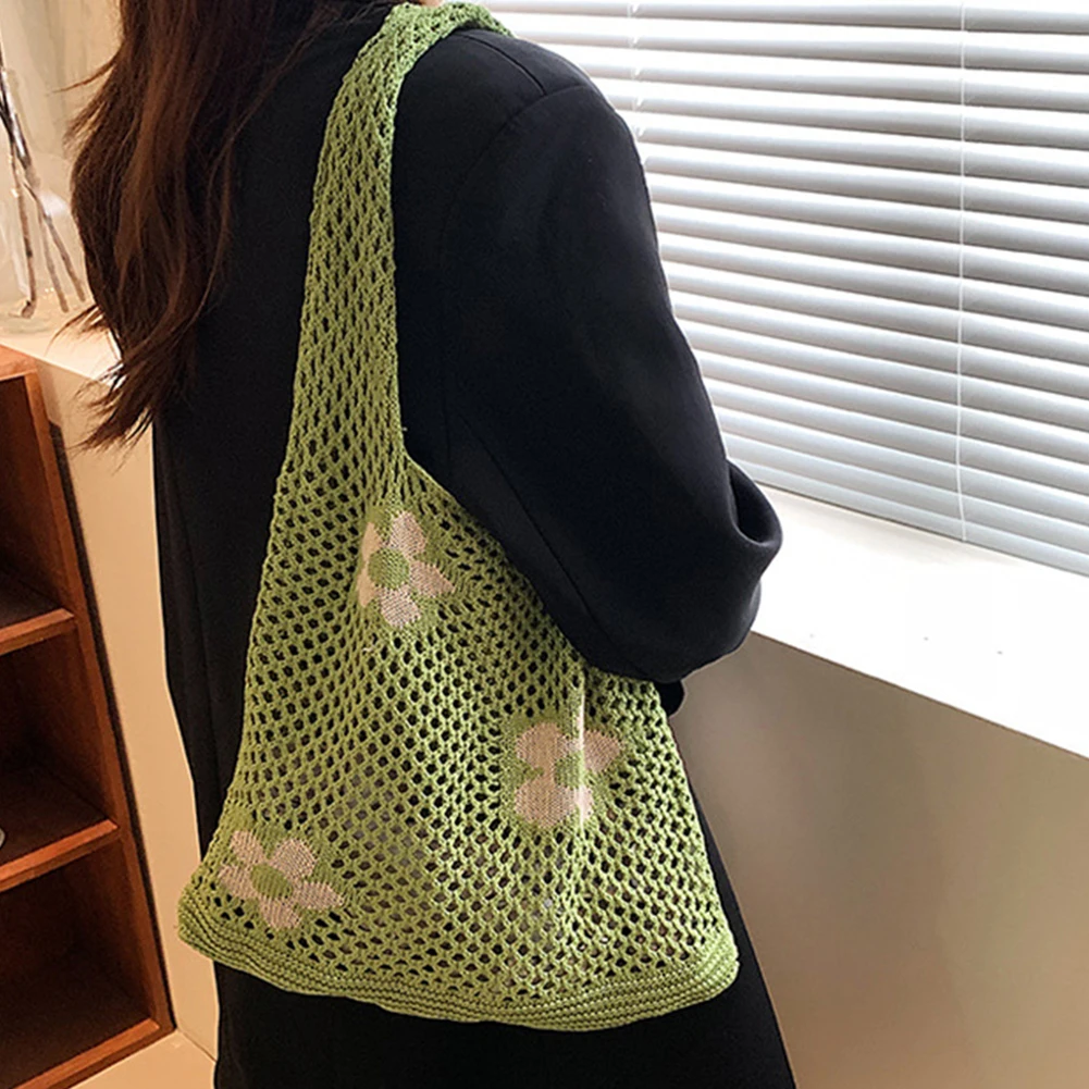 

Большая вместительная сумка на плечо, новинка 2023, женская модная повседневная простая трендовая вязаная ажурная мягкая сумка с цветочным принтом для подмышек