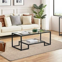 Modern Glass Coffee Table with Metal Frame, Black End Tables for Living Room