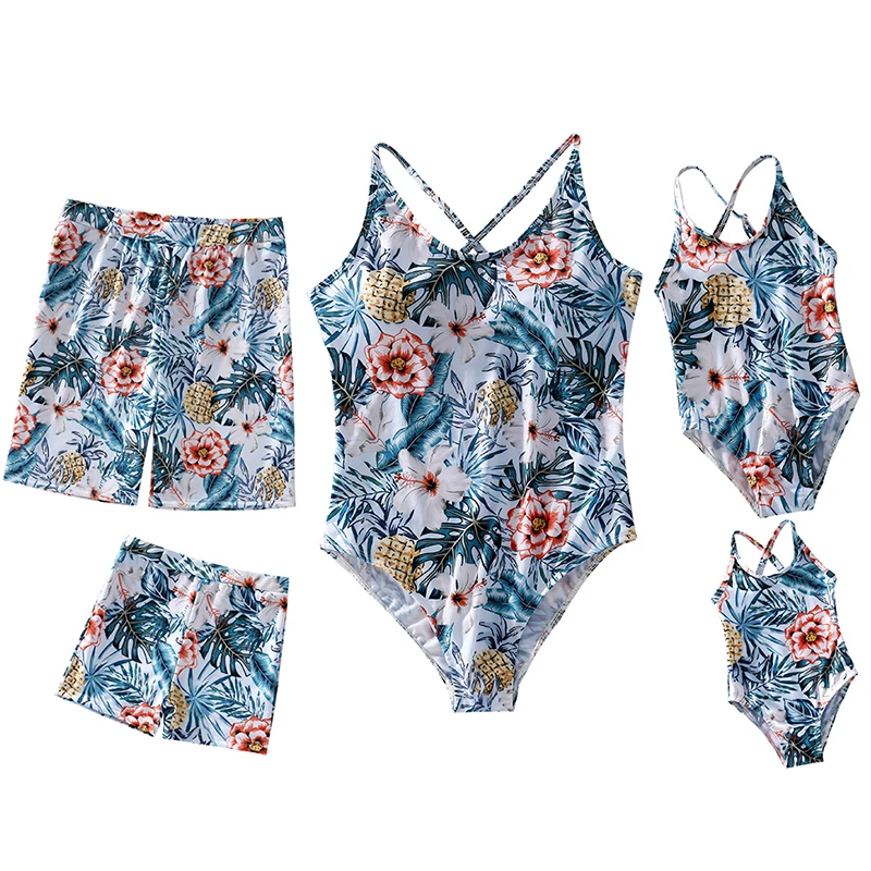 

Leaf Family Matching Swimsuit Boat-Neck Mother Daughter Swimwear Mommy and Me Beach Dress Clothes Outfits Father Son Swim Trunks