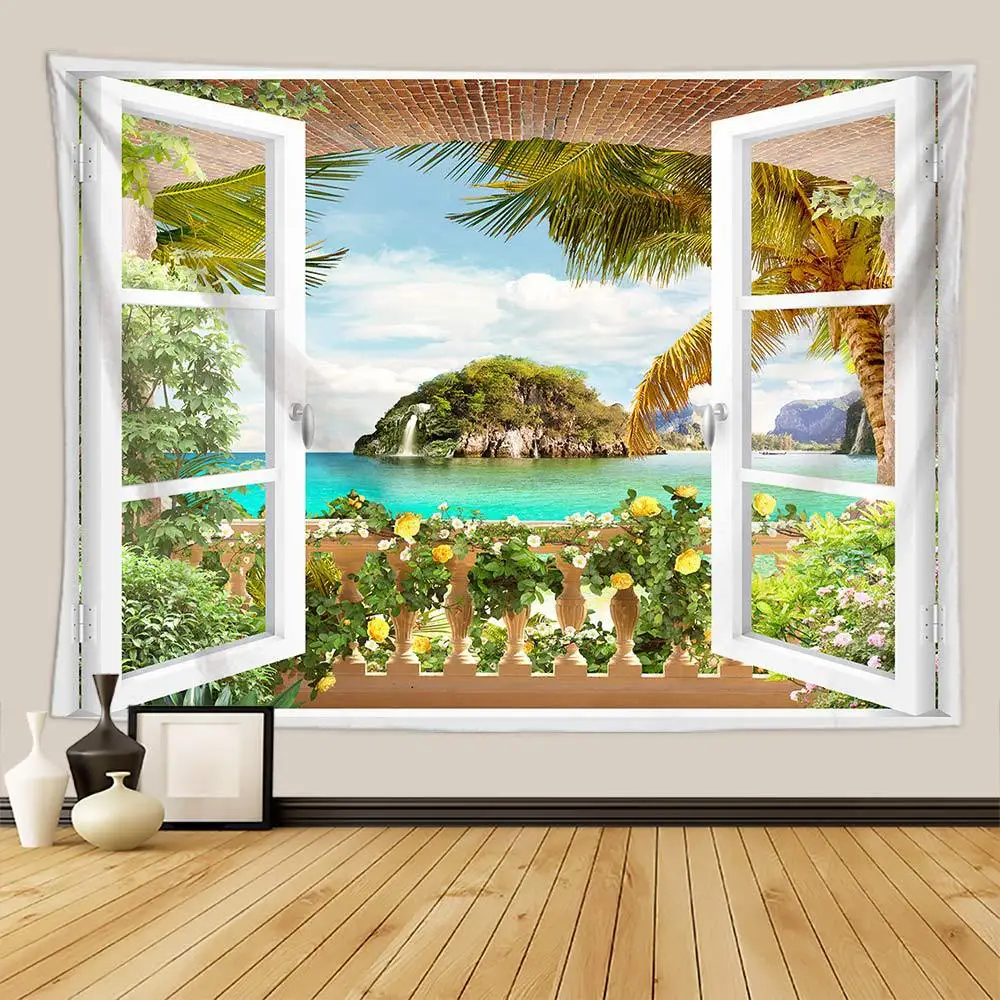 

3D Window Scenery Decoration Tapestry Hippie Wall Bohemian Style Bedroom Dormitory Wall Hanging Tapestries Art Home Accessories