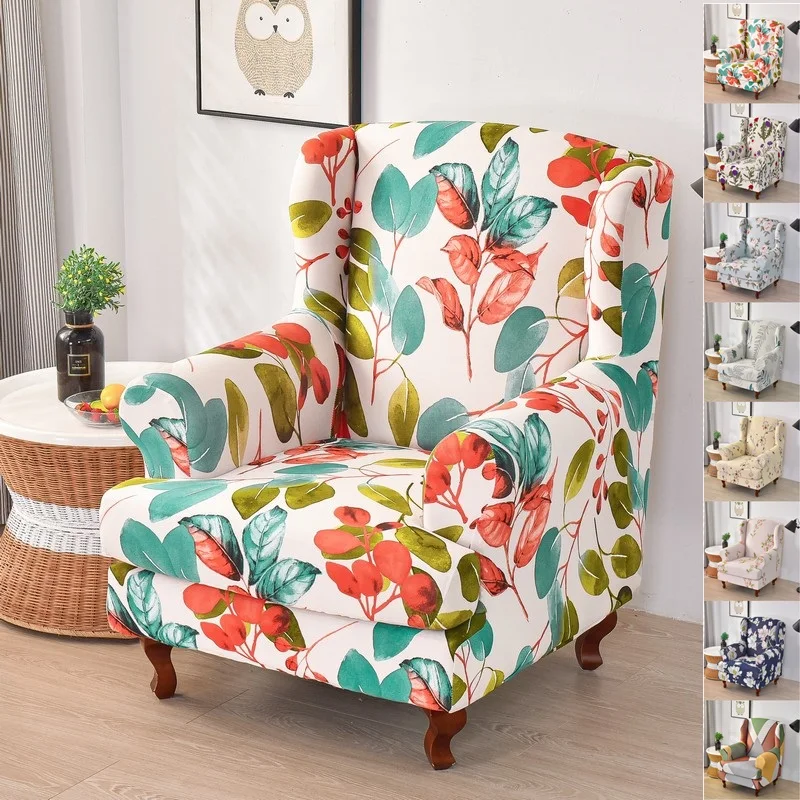 

Floral Prints Elastic Wing Chair Cover Living Room Spandex Single Sofa Slipcover Stretch High Sloping King Back Armchair Covers