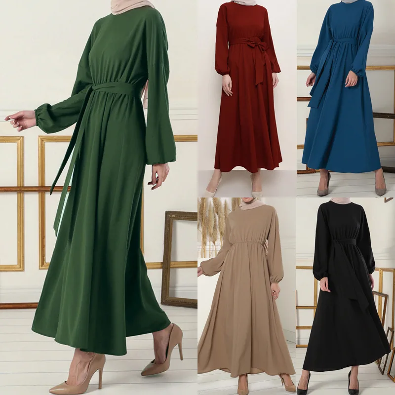 

Однотонный мусульманский модный хиджаб Дубай абайя длинные платья для женщин с поясом мусульманская одежда Abaya африканские платья для женщин Кафтан Халат