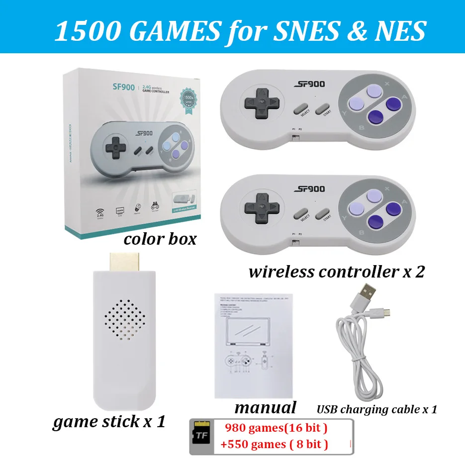 1500 Games Retro Game Console SF900 HD Video Game Stick for SNES Wireless Controller 16 Bit Handheld Game Player for NES 
1500 Games Retro Game Console SF900 HD Video Game Stick for SNES Wireless Controller 16 Bit Handheld Game Player for NES