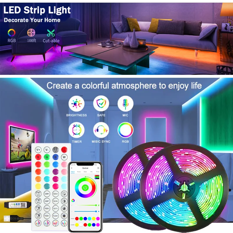 

LED1-5m 10m 20m 30m Bluetooth LED Strip for Bedroom Decoration Neon Lights Color LED Strip Lights 5050 Led RGB Tape TV Backlight