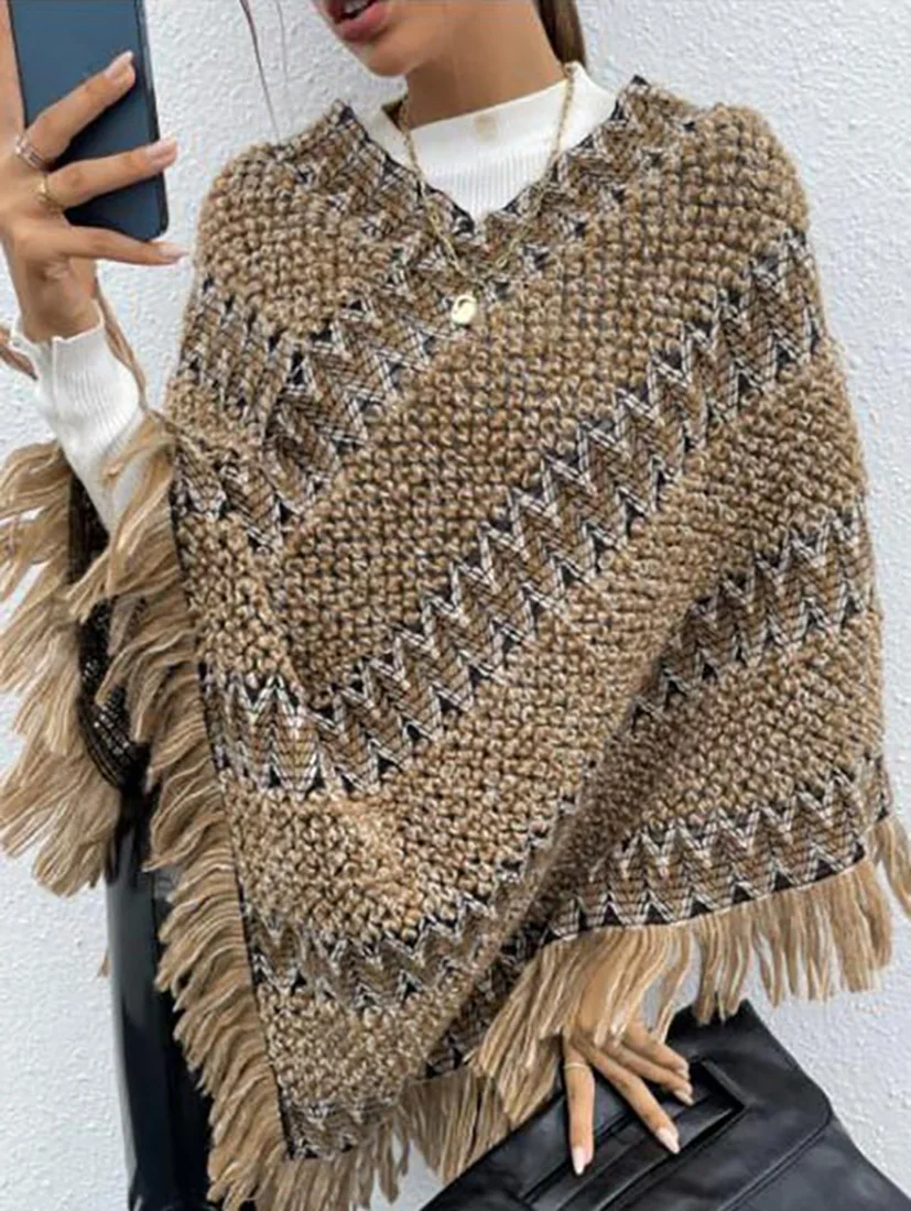 

ZAFUL Zig Zag Fringed Trim Poncho Sweater Women Fall Winter Outwear Knitwear Pullover