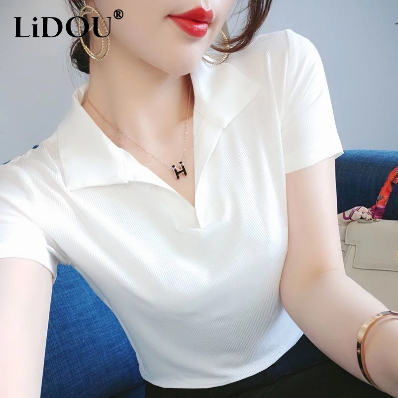 2023 Summer New Casual Fashion Polo-neck Solid Knitting T-shirt Female Short Sleeve Slim All-match Pullover Top Women Sexy Tees
2023 Summer New Casual Fashion Polo-neck Solid Knitting T-shirt Female Short Sleeve Slim All-match Pullover Top Women Sexy Tees