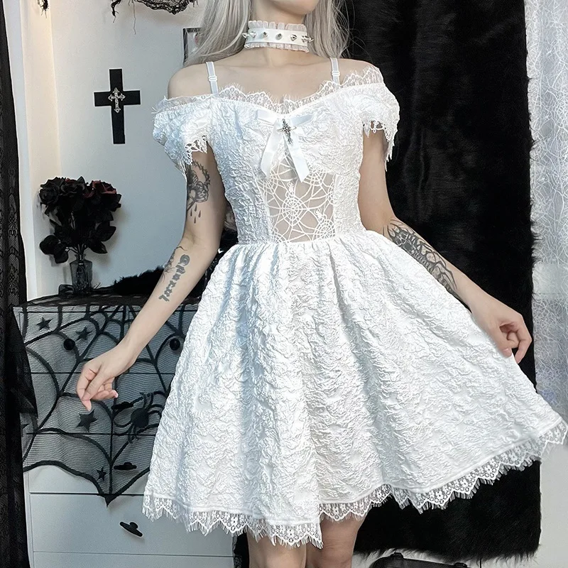 Lolita Women Dress Lace Trim Off The Shoulder High Waist Bodycon Mini Dress Preppy Style White Black Punk Harajuku Swing Dresses
Lolita Women Dress Lace Trim Off The Shoulder High Waist Bodycon Mini Dress Preppy Style White Black Punk Harajuku Swing Dresses